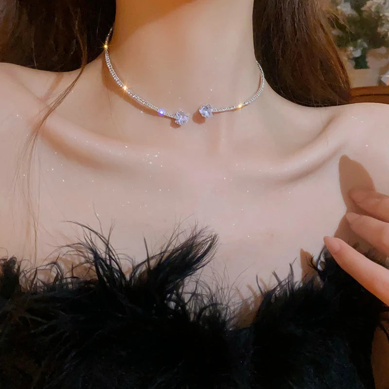 Zircon Double Layered Water Drop Heart Silver Scrap Imitation Pearl Cross Wave Open Collarbone Fine Pendant Necklaces for Women