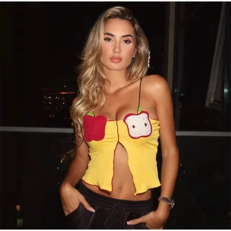 Rib Embroidery Split Tank Top Women Sleeveless Backless Slim Contrast Color Strap Party Vest Summer 2025 Fashion Lady Tops