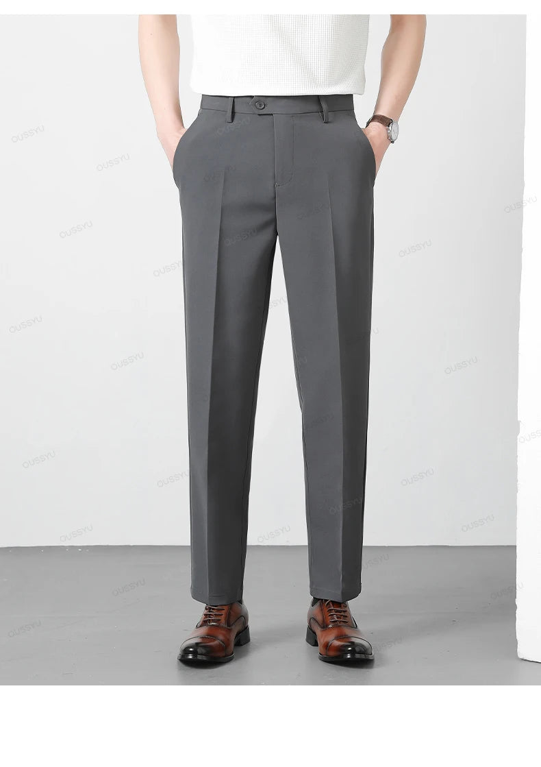 Spring Summer Suit Pants Men Business Smooth Slim Business Office Social Elastic Waist Ankle Length Formal Korean Trousers Male