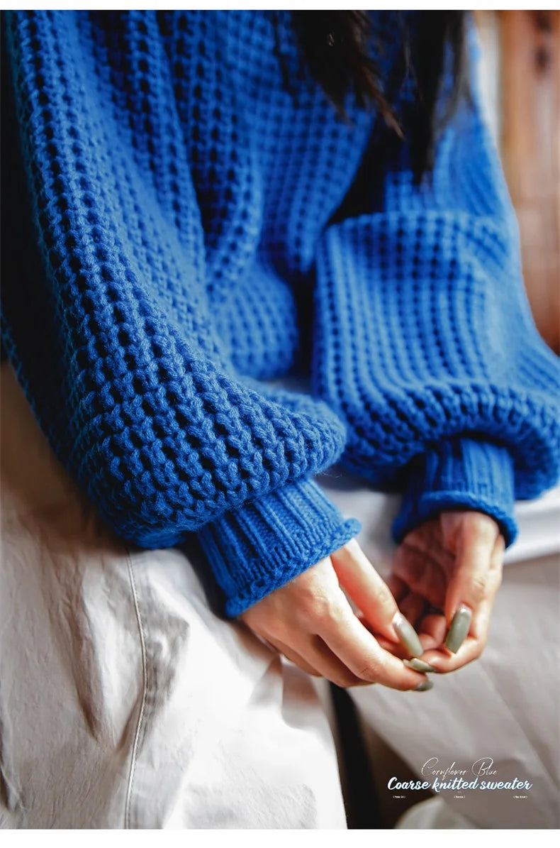 MADEN Women Cornflower Blue Knitted Sweater 2024 New Autumn Winter Long Sleeve Curled Collar Knitwear Warm Pullover Sweater