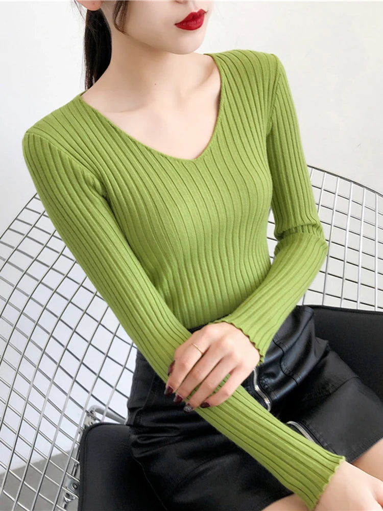 2025 V Neck Women Autumn Winter Sweaters Slim Knitted Pullovers Soft Warm Solid Jumper Female Sweater Casual Knitwear Jersey Top