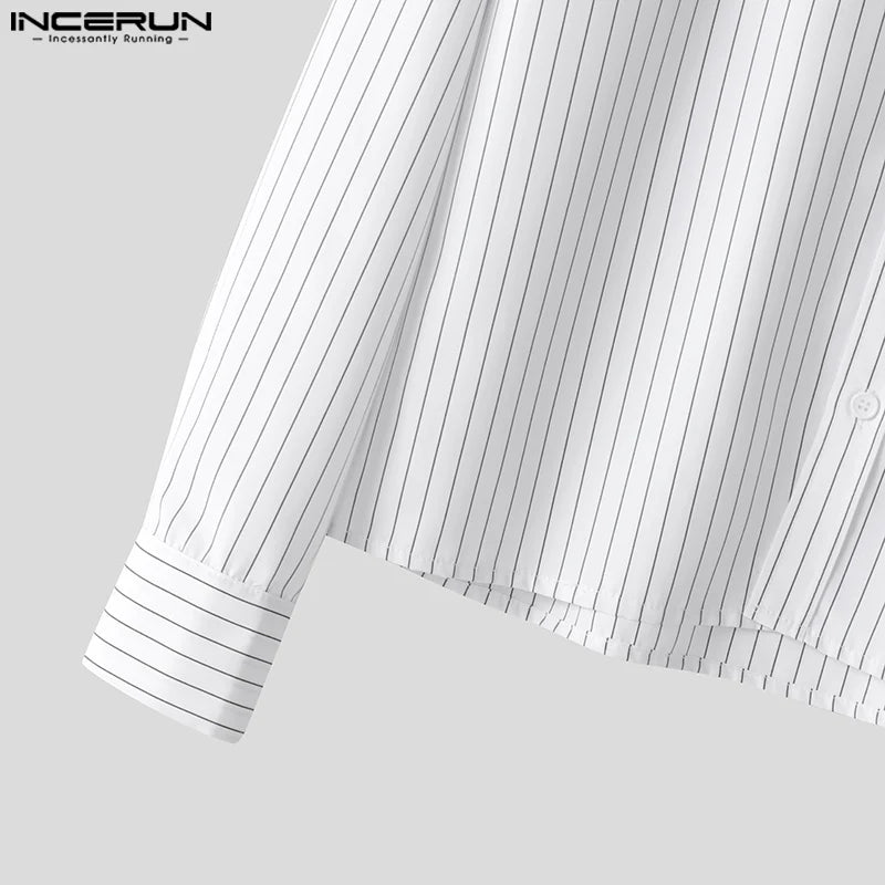 INCERUN Tops 2025 Korean Style Men's Casual Simple Striped Cropped Shirt Fashion Streetwear Male Hot Selling Long Sleeved Blouse