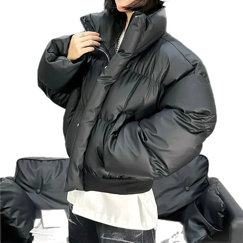 American Style Winter Thickened PU Leather Loose Short Cotton Jacket Men's Stand Collar Special High Quality Couple Cotton Cloth