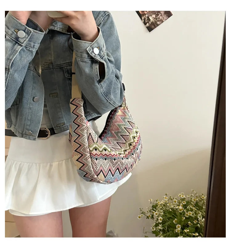 Wave Pattern Design Crossbody Bag for Women New Large Capacity Canvas Shoulder Bag Versatile College Students Dumplings Bag