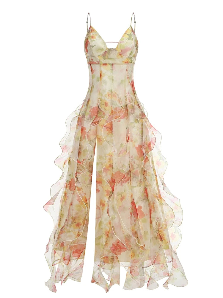 New Sexy Sleeveless V Neck Printed Ruffles Long Dress Women Spaghetti Strap Floral Printing Split Dress Holiday Party Sundress