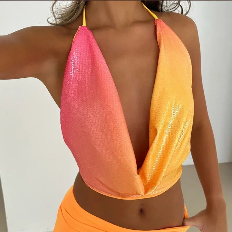 Sexy Sequined Halter Skirt Set Women Sleeveless Lace Up Tops Hip Package A-line Skirts 2025 Summer Lady Chic Party Beach Outfits