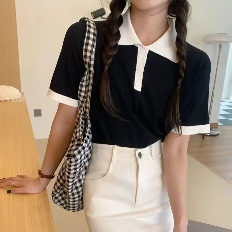 College Style Summer New Knitted Short-sleeved Ice Silk T-shirt Women's Polo Shirt Design Niche Short Underwear Top