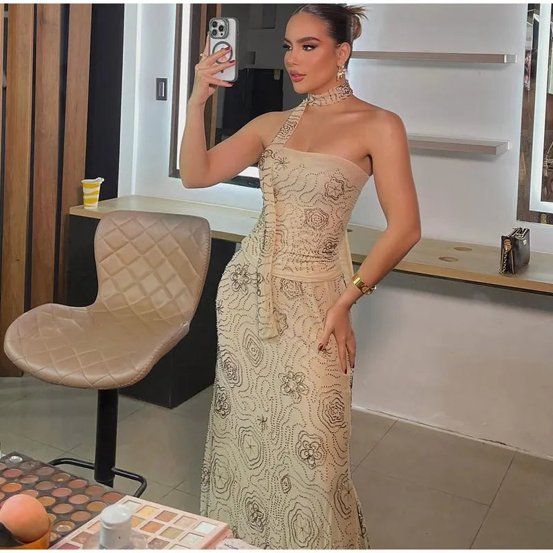 Sexy Beaded Halter Vest Long Skirt Sets Women Slim Backless Cropped Top Mermaid Skirts 2025 Summer Lady Beach Embroidery Outfits