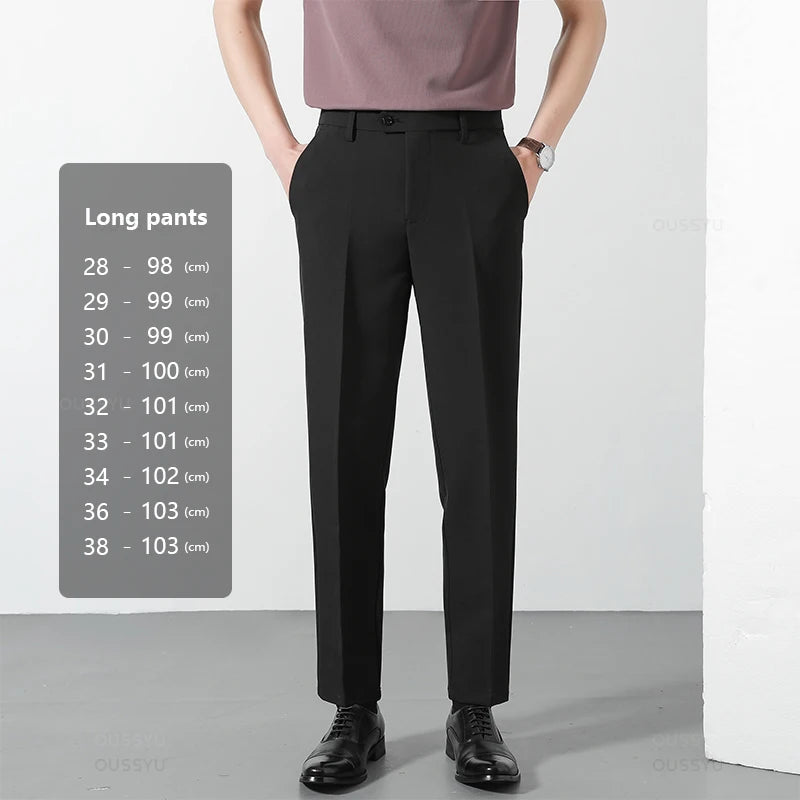 Spring Summer Suit Pants Men Business Smooth Slim Business Office Social Elastic Waist Ankle Length Formal Korean Trousers Male