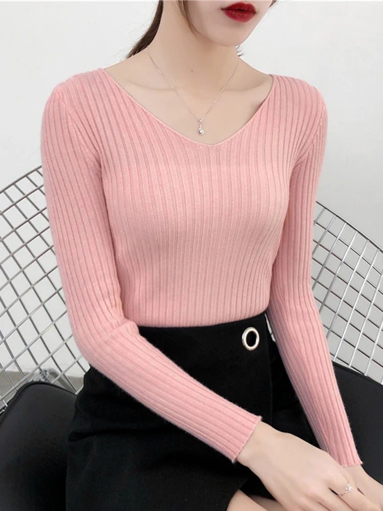 2025 V Neck Women Autumn Winter Sweaters Slim Knitted Pullovers Soft Warm Solid Jumper Female Sweater Casual Knitwear Jersey Top
