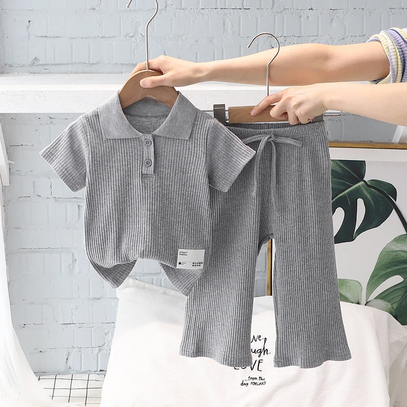 Summer Girls T-Shirt Set Short Sleeve Lapel Pullover Tops Elastic Waist Straight Pants Girl Casual Clothes 2Pcs Suits