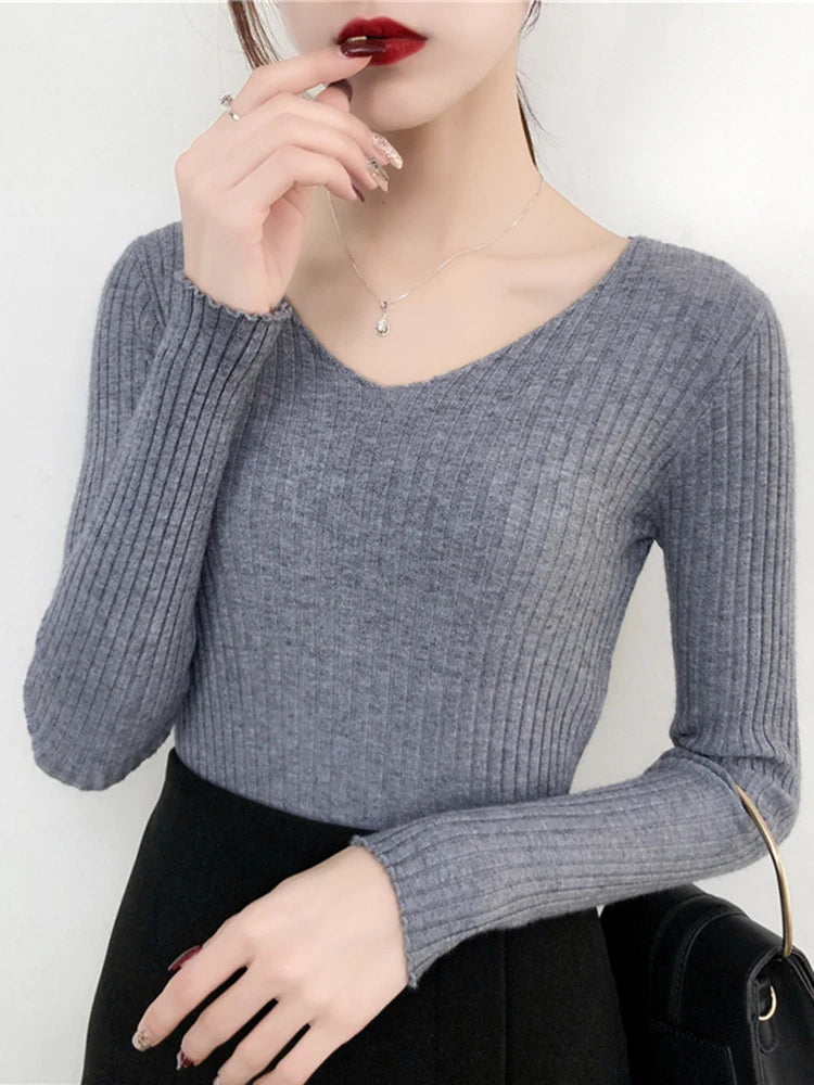 2025 V Neck Women Autumn Winter Sweaters Slim Knitted Pullovers Soft Warm Solid Jumper Female Sweater Casual Knitwear Jersey Top