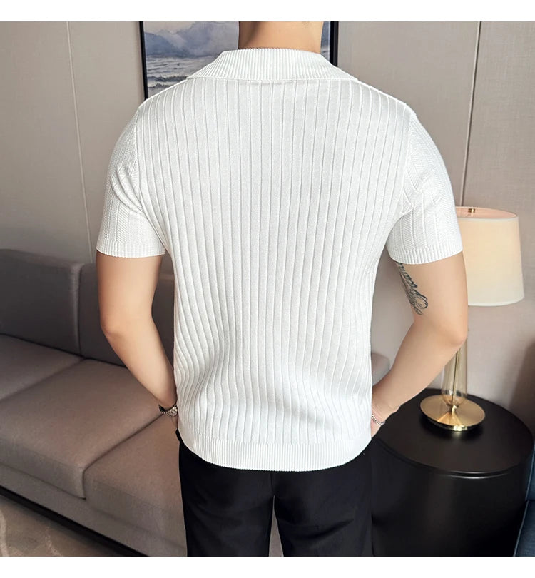 Men Striped Polo Shirt 2025 Summer Light Thin Breathable Solid Casual Elastic Slim Fit Short Sleeved V-neck T-shirt Men Clothing