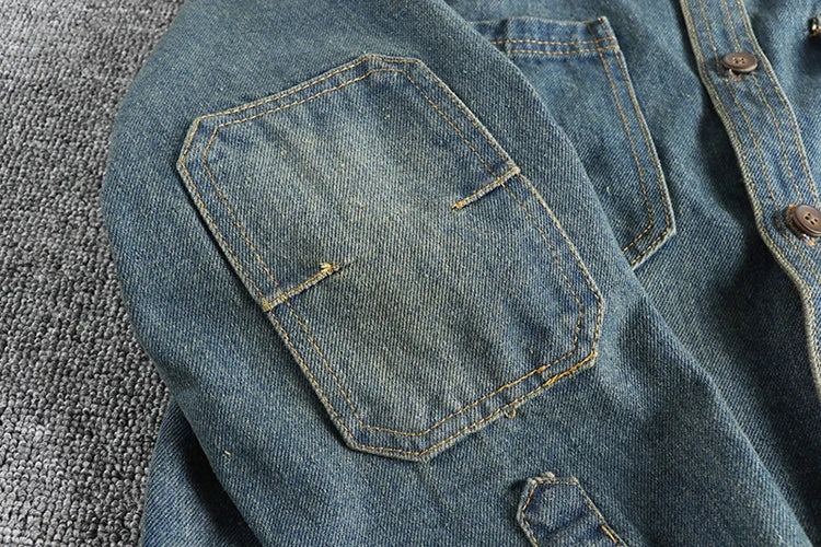 Sping New Japanese Retro High Quality Denim Cargo Shirt Men's Fashion 100% Cotton Washed Old Thick Double Pocket Casual Jacket