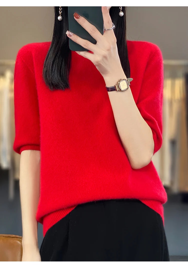 100% pure wool short sleeve summer new women's semi-high neck pullover blouse loose knit vest fashion T-shirt