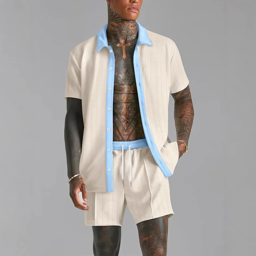 Summer Men's casual suit patchwork transparent lapel short-sleeved shirt & Shorts Stylish and comfortable two-piece streetwear