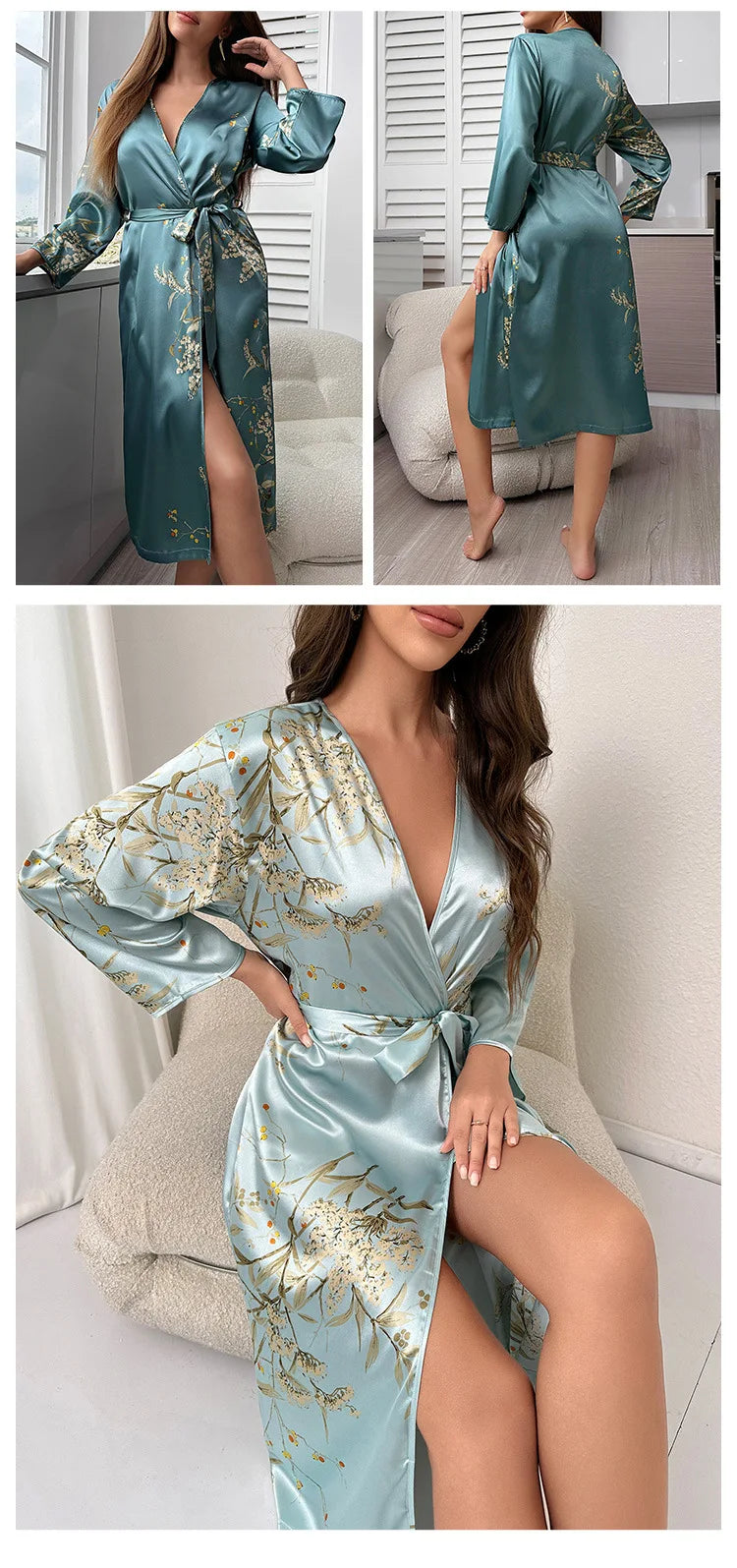 Sexy Loose Satin Home Dressing Gown Print Cherry Nightgown Female Long Kimono Bath Robe Gown Sleepwear Spring Summer Lounge Wear