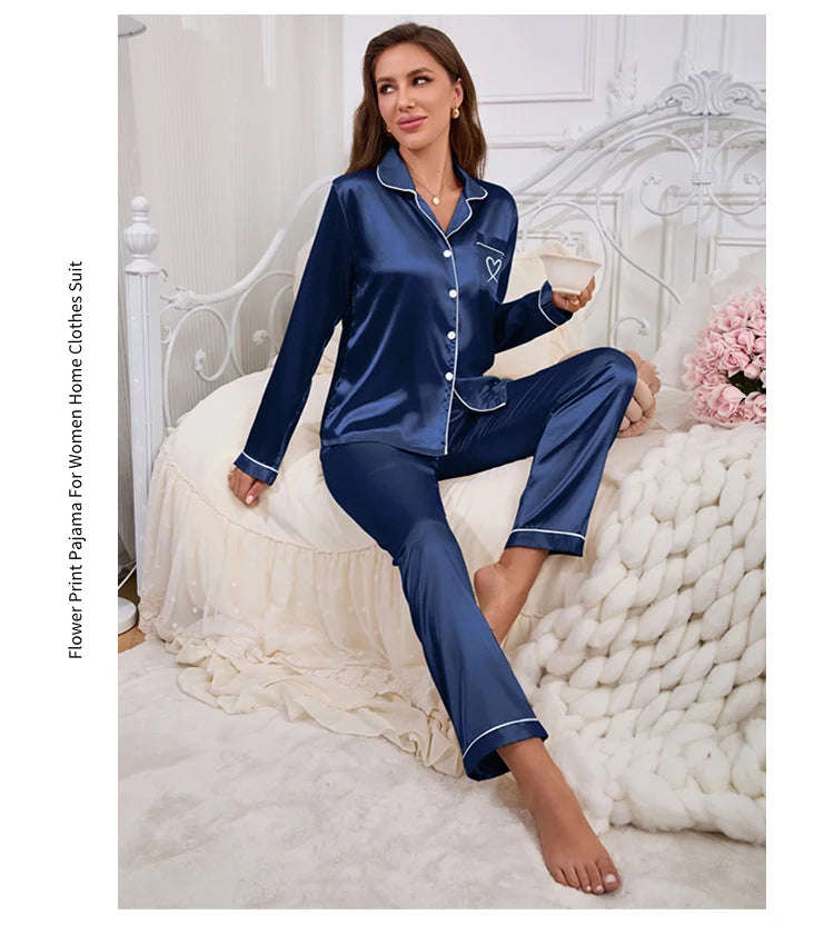 Women's Home Clothes Satin Pajama Autumn Long Sleeve Pocket Heart-shaped Embroidery Tops & Pants Pyjama Femme Loungewear Pj Set