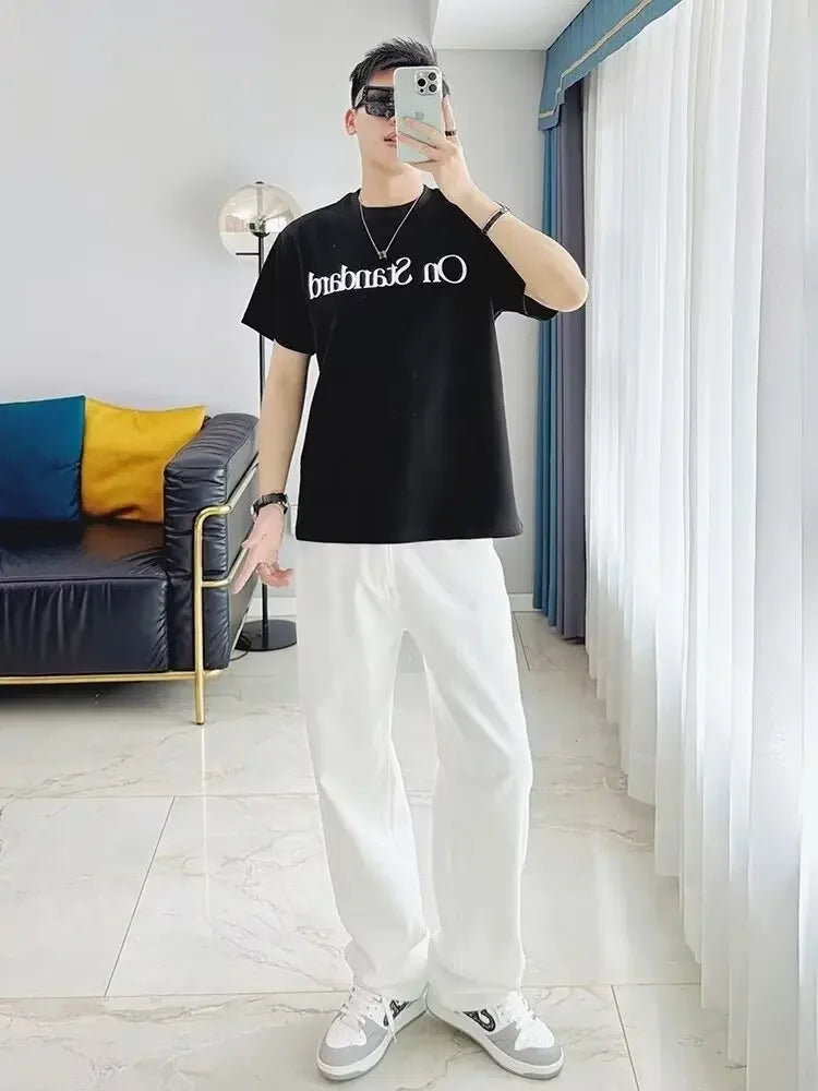 Hong Kong Style White Jeans For Men Casual Loose Fit Trendy Brand Vibe High Street Straight Leg Pants Autumn Season