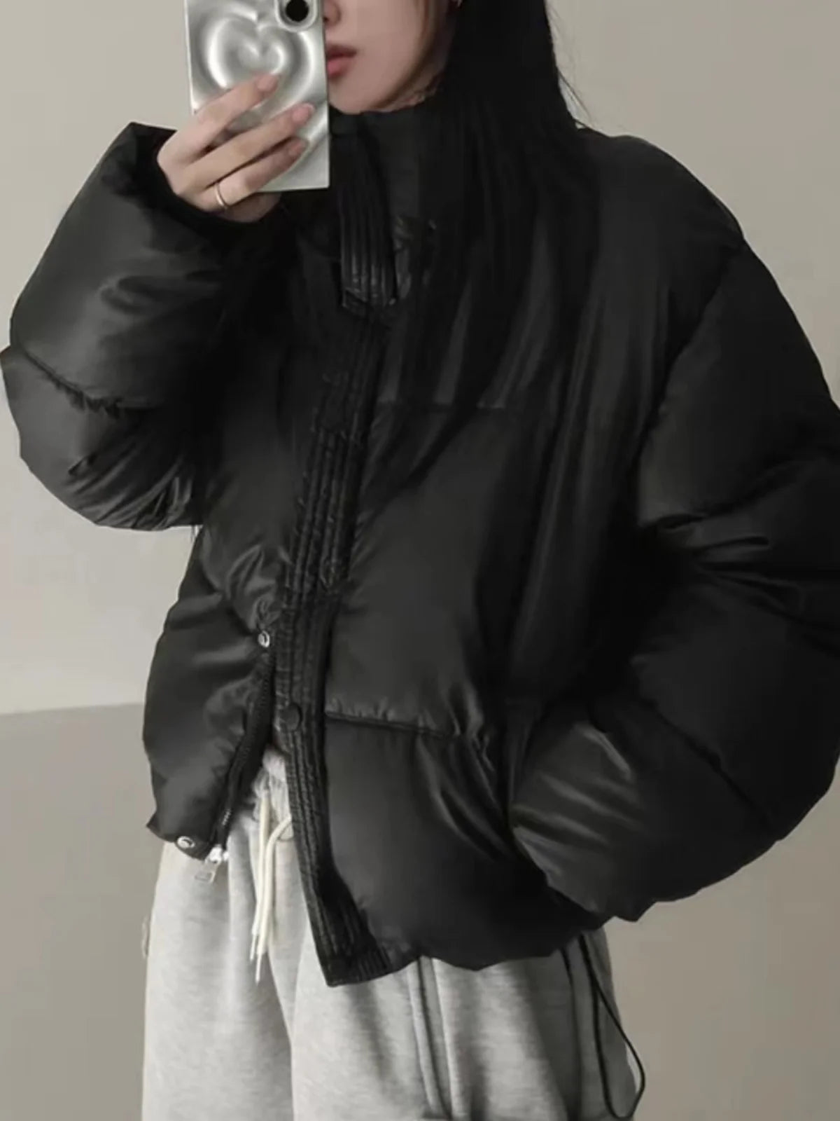 Women's Cotton Jaet 2024 New Winter ort Faion Stand Collar Bread Sle Warmth Outerwear Korean Loose Fit Zipper Closure