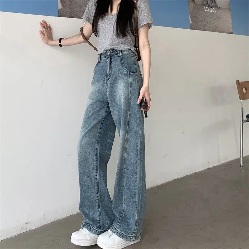 Vintage Baggy Jeans Womens' Loose-Fit Denim Pants Lightweight Bell Bottom Jean Retro Ladies' Denim Trousers Pockets Wide Pants