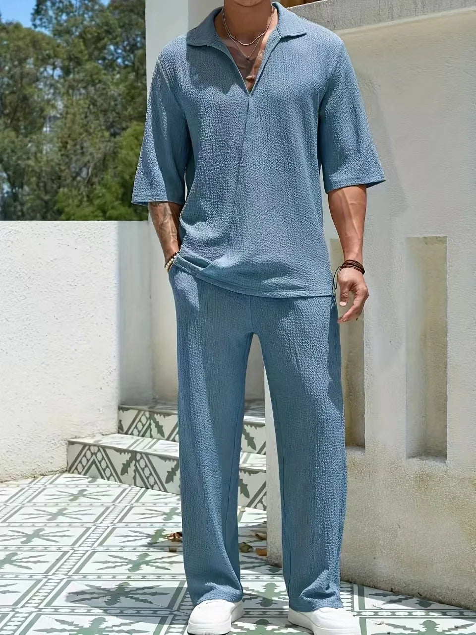 2025 Spring new men's suit-collar commuter casual shirt Fashion retro high-quality solid color half-sleeve pants two-piece set