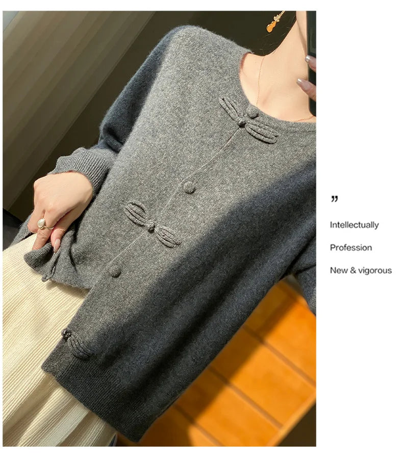 Women New Fashion Autumn Winter 100% Merino Wool Sweater O-neck Chinese Style Buckle Cardigan Soft Knitwear Female Clothing Tops