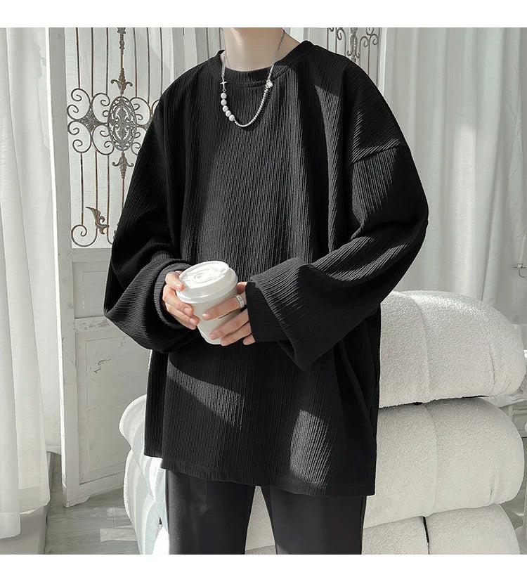 2024 Spring Autumn Casual Long Sleeve T Shirts Men Loose Round Neck T-shirts Male Fashion Harajuku Korean Streetwear Tops Tees