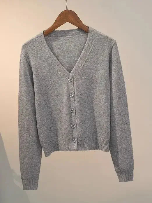 Sweater knitted cardigan button jacket 2024 autumn winter V-neck long sleeve casual short tops for women sweater Grey White