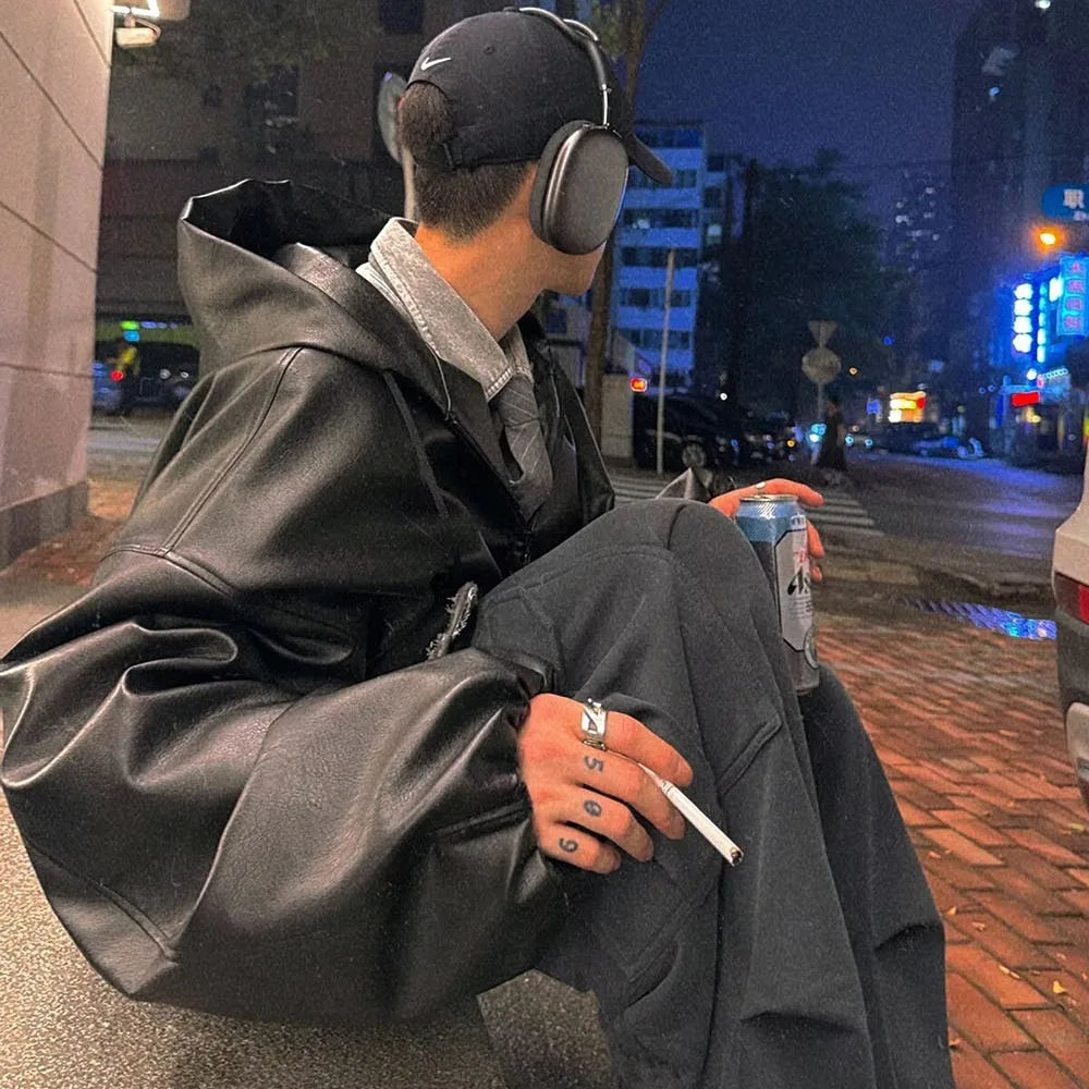 High Street Black Color Pu Leather WIndbreaker Coat Mens and Women Cleanfit Casual Loose Zipper Hooded Jackets Oversized