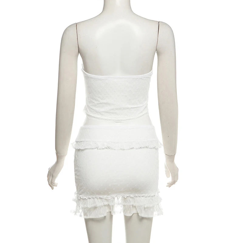 Cutest 2 Piece Skirt Outfits Lace Sheer Off Shoulder Tube Crop Tops Mini Tiered Ruffle Skirt Set Women Y2k Fairy Bandeau Camis