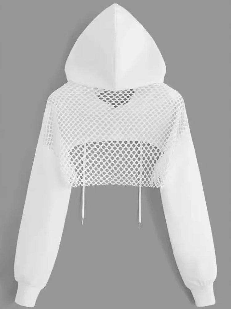 Street Sport Drop Shoulder Drawstring Hollow Out Super Crop Sports Hoodie Without Cami Top