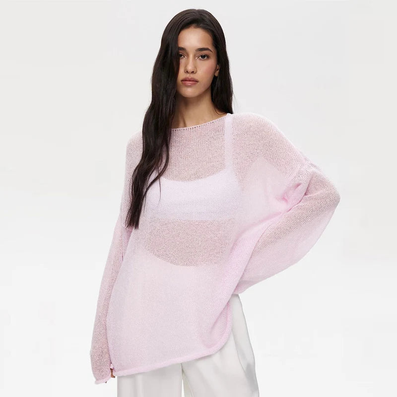 MSCSZ Red Long Sleeve Oversized Sweater Women Transparent Knitted Sweater 2025 Spring Autumn Cozy Sweaters Pullover Tops