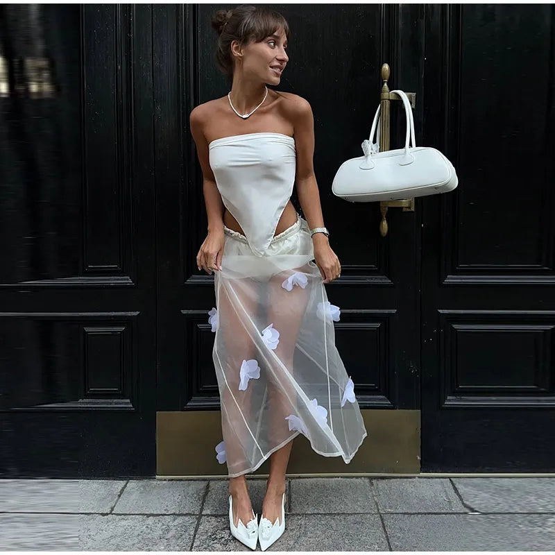 Y2K 3D Floral Gauze Long Skirts For Women 2025 Summer Spring Street See Through High Waist Maxi Skirt Lady Vacation Beach Skirt