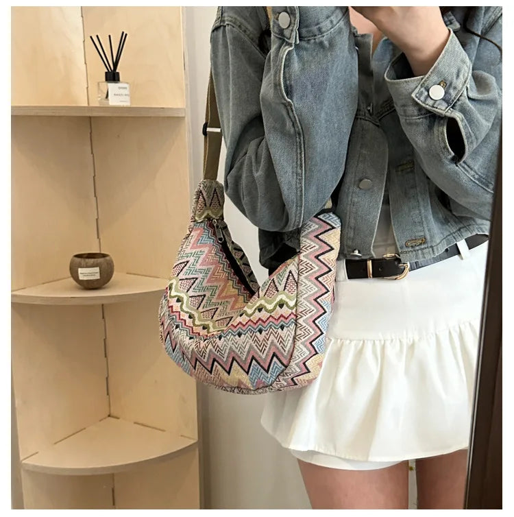 Wave Pattern Design Crossbody Bag for Women New Large Capacity Canvas Shoulder Bag Versatile College Students Dumplings Bag