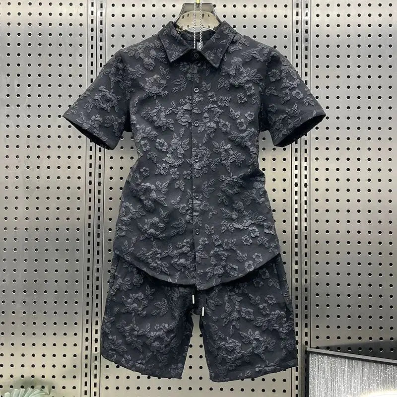 Summer New Relief Couple Thin Casual Two-piece Suit Men's Lapel Shirt Short Sleeve Trendy Shorts Comfortable Skin-friendly