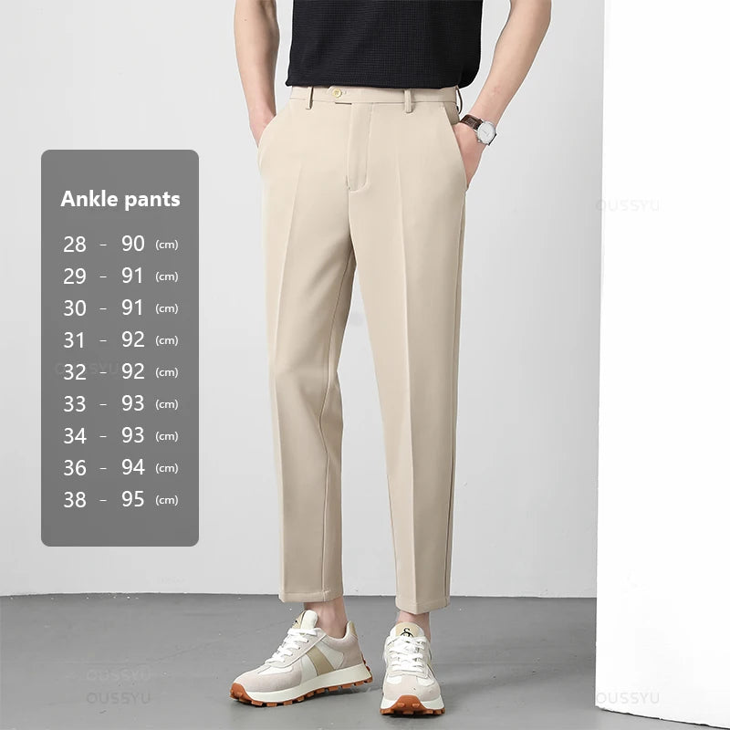 Spring Summer Suit Pants Men Business Smooth Slim Business Office Social Elastic Waist Ankle Length Formal Korean Trousers Male