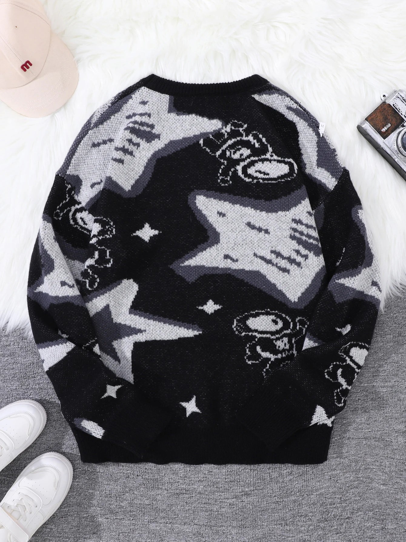 New Popular Spring & Fall Astronaut Star-Picking Jacquard Pattern Pullover Sweater Casual Round Neck Contrast Color Knitted Men'