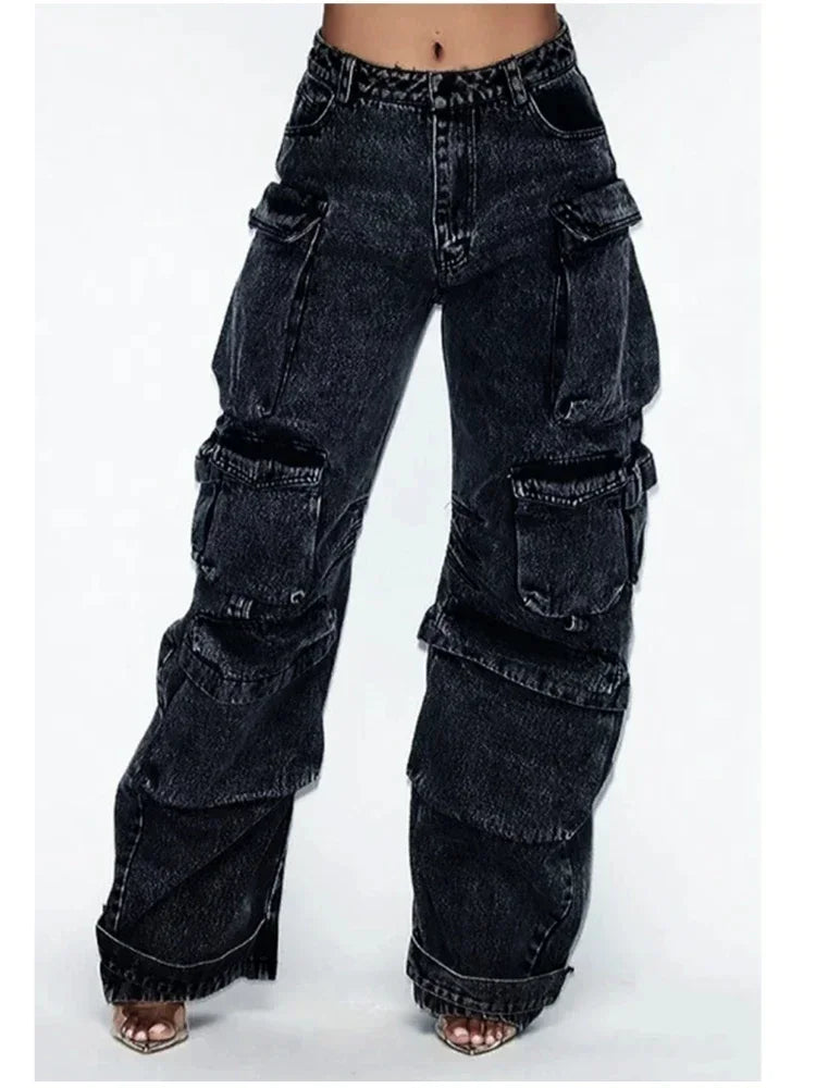 Y2K Fashion Baggy Jeans Denim Cargo Pants Womens Vintage Multi Pocket High Waist New Harajuku Gothic Wide Trouser Streetwear