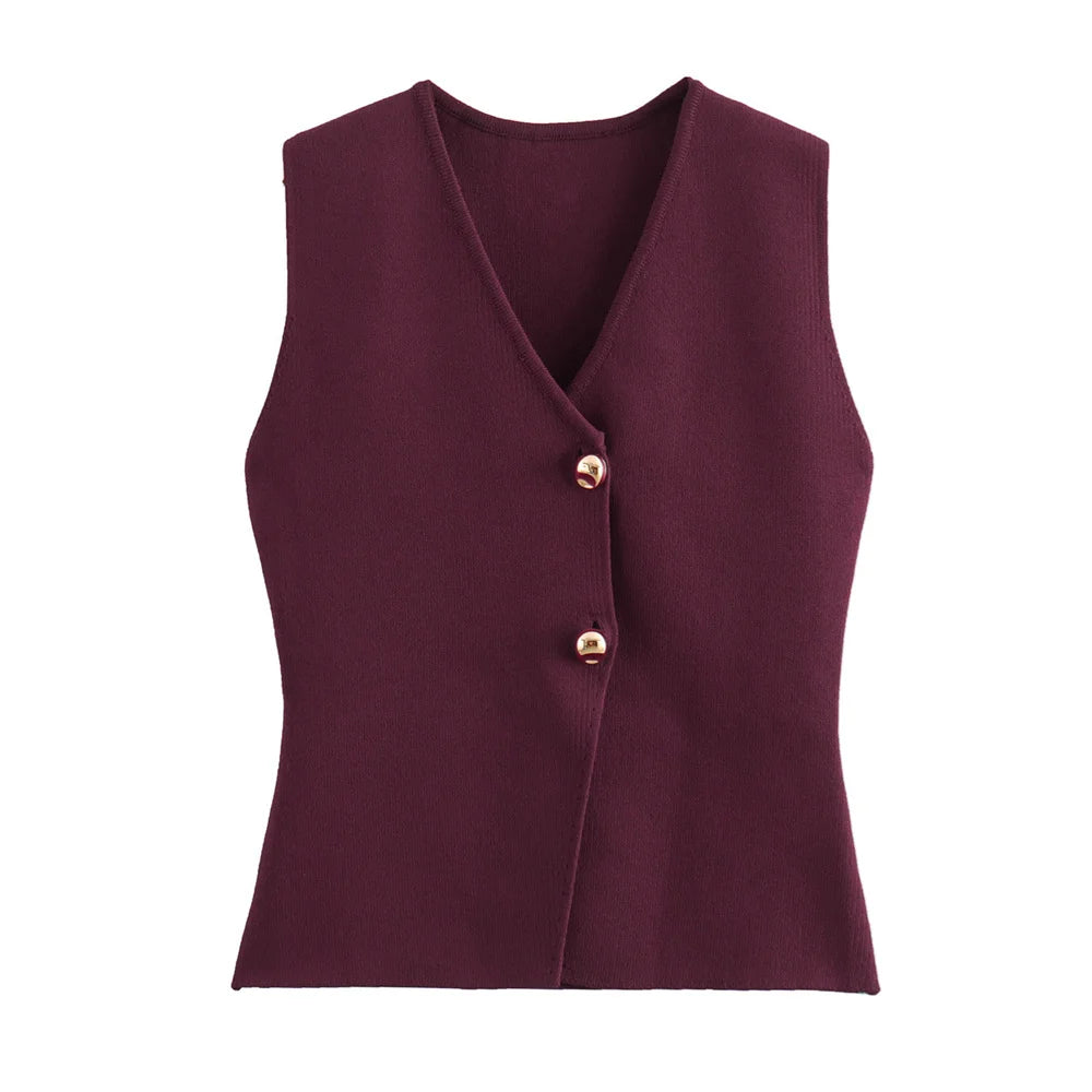 UNIZERA2024 Summer New Product Casual Women's Wear Simple and Fashionable Gold Button Knitted Tank Top