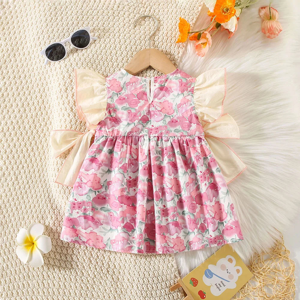 Children's clothing, baby girl dress summer girl full body print two large bows and flying sleeve princess dress