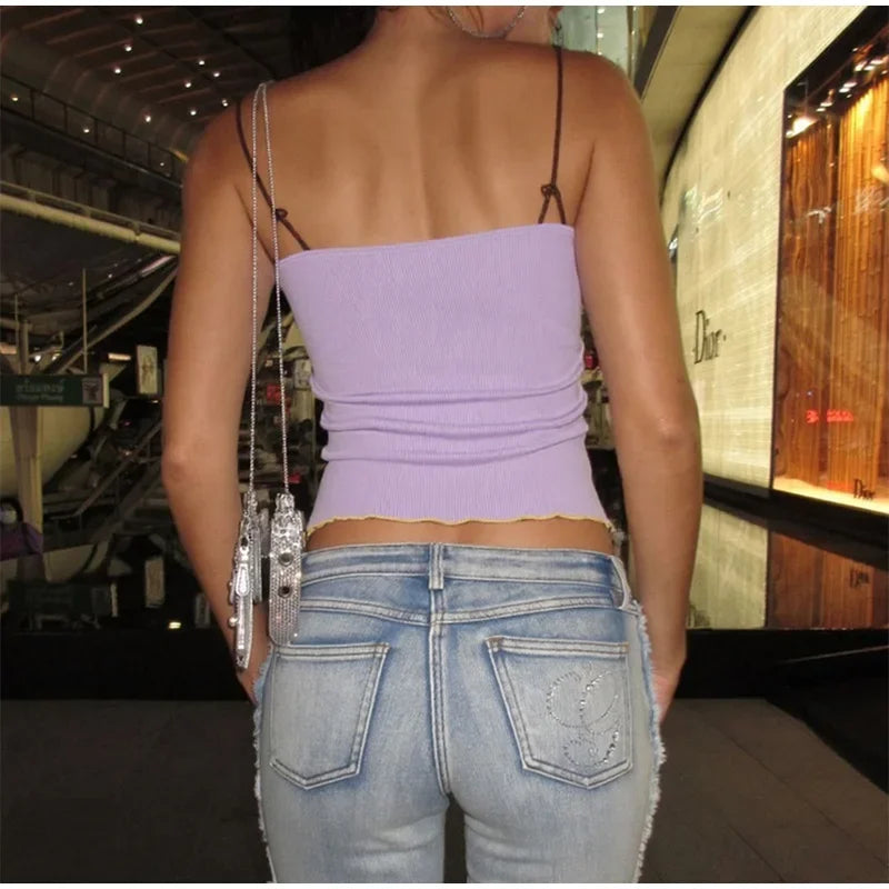 Rib Embroidery Split Tank Top Women Sleeveless Backless Slim Contrast Color Strap Party Vest Summer 2025 Fashion Lady Tops