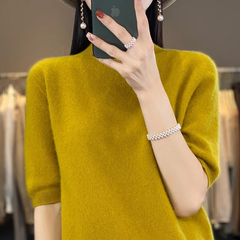100% pure wool short sleeve summer new women's semi-high neck pullover blouse loose knit vest fashion T-shirt
