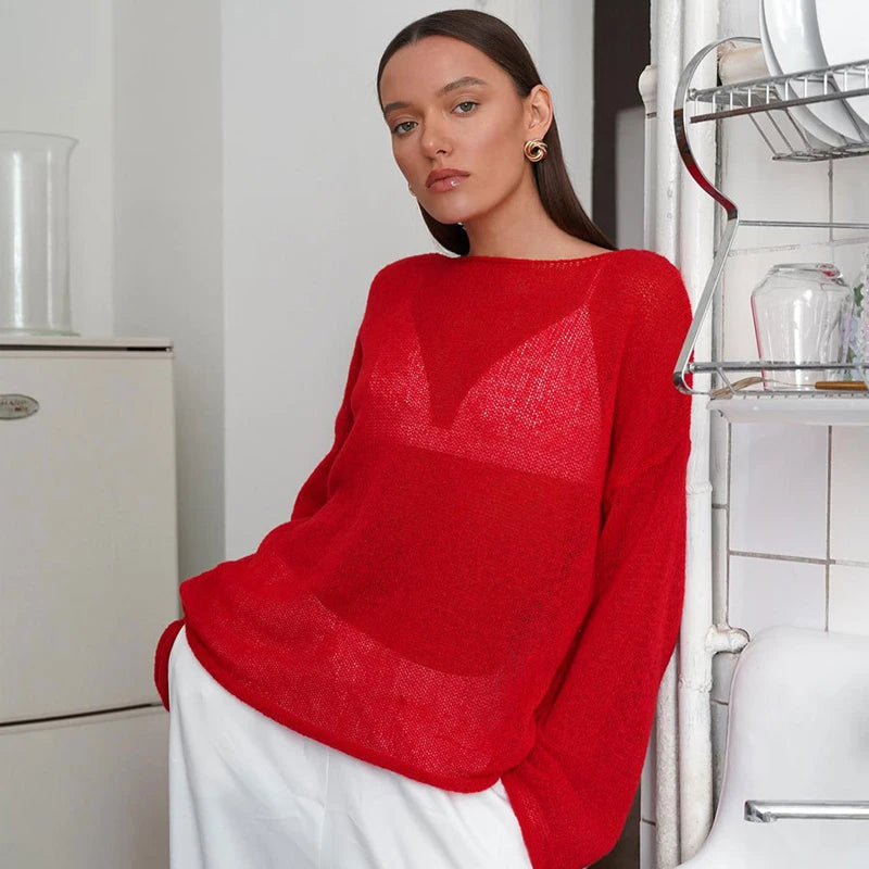 MSCSZ Red Long Sleeve Oversized Sweater Women Transparent Knitted Sweater 2025 Spring Autumn Cozy Sweaters Pullover Tops