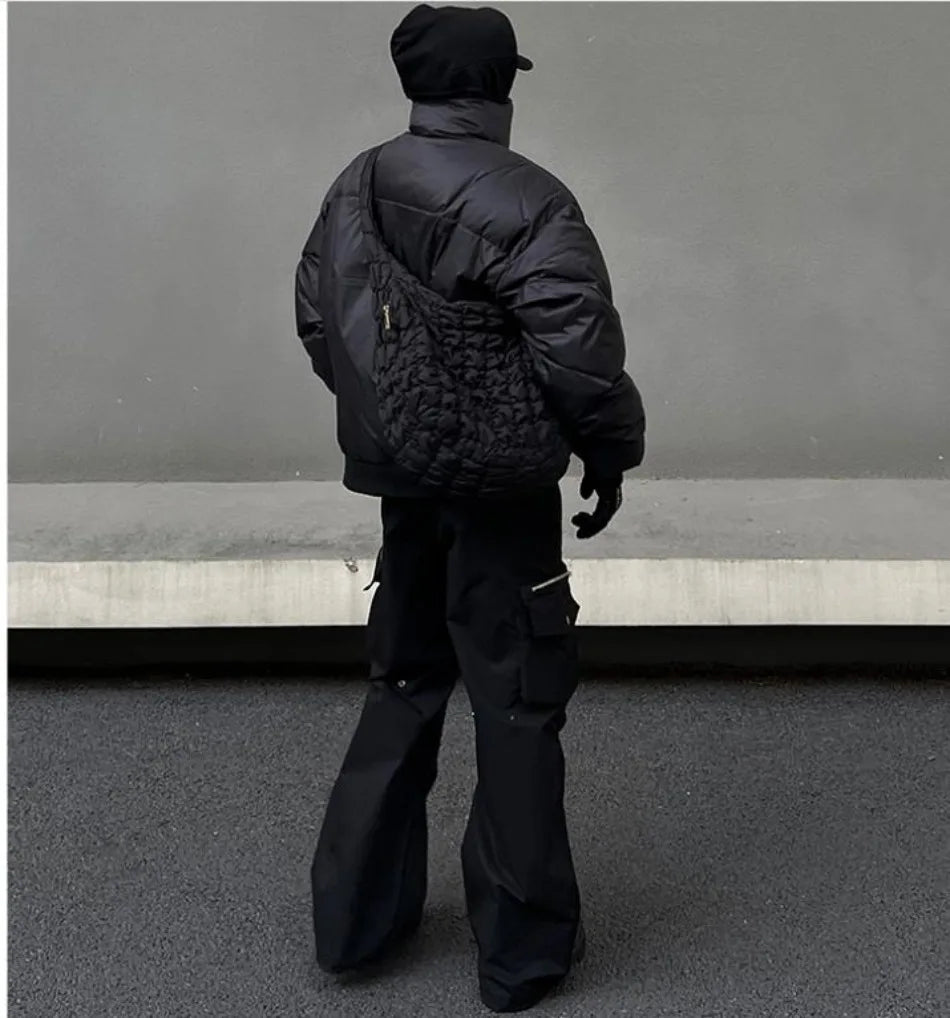 Black Stand Collar Cotton Jacket Mens Heavy Weight Winter Trend High Street Short Parkas Thickening Warm Fluffy Bread Coats