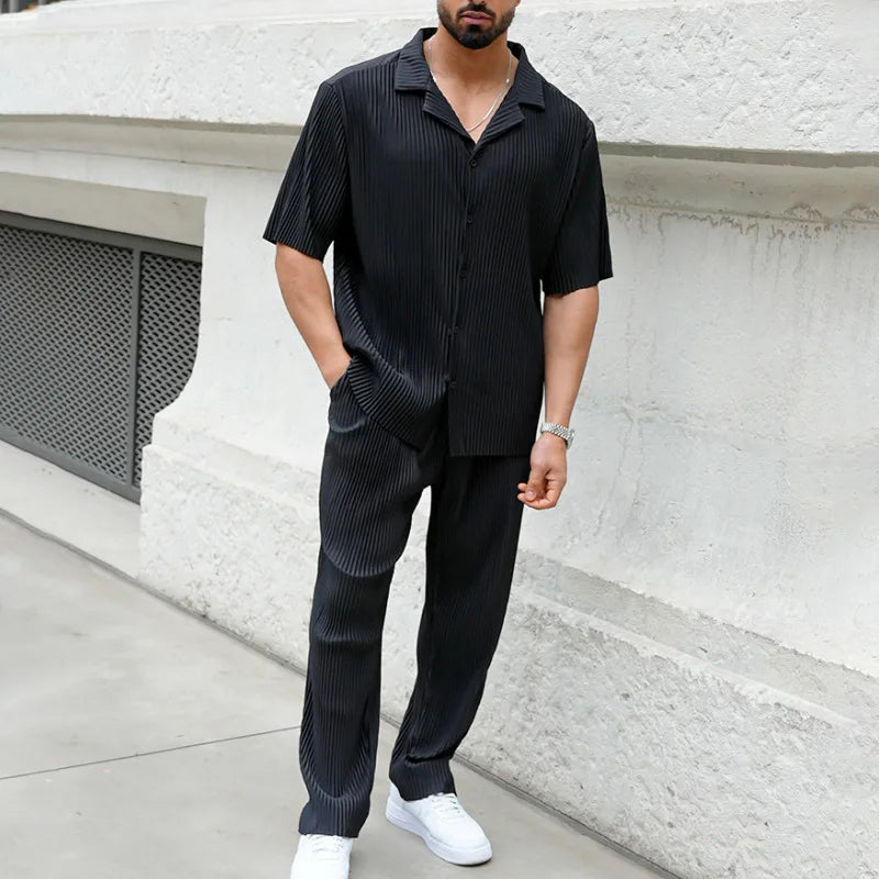 Summer Fashion Casual Loose Men's Button Open Shirt Short Sleeve Pants Set Home Vacation Thin Breathable Quick Drying 2-pie Set