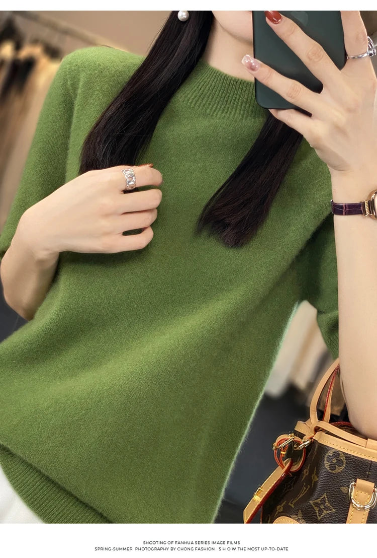 100% pure wool short sleeve summer new women's semi-high neck pullover blouse loose knit vest fashion T-shirt