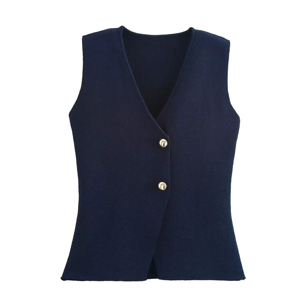 UNIZERA2024 Summer New Product Casual Women's Wear Simple and Fashionable Gold Button Knitted Tank Top