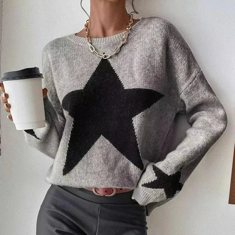 Star Sweater Pullover Women Autumn Spring Simple Knit Elastic Pullovers Jumper Casual Thick Warm Black White Basic Jumpers