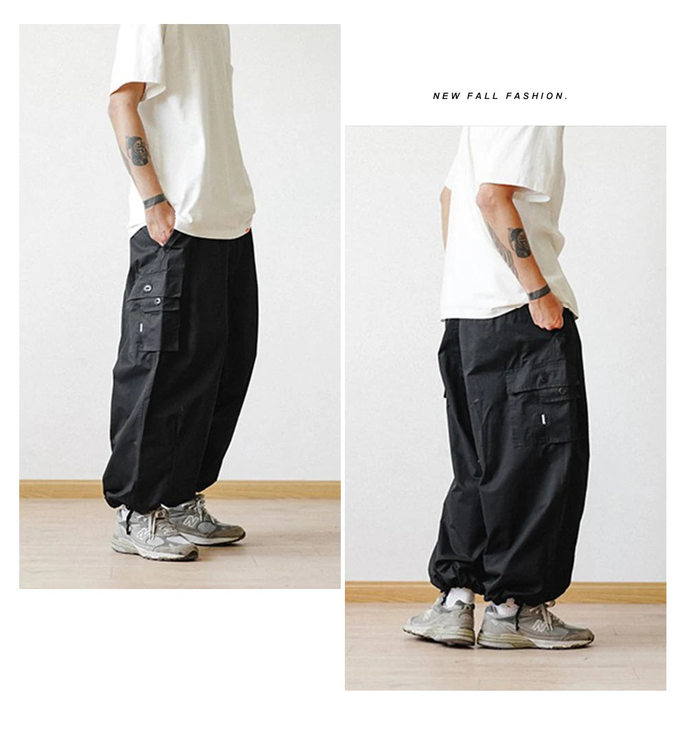 Multi-Pocket Cargo Pants Men's Casual Solid Straight Baggy Wide-leg Cropped Trousers Men Ankle-length Jogger Pants Harem Pants